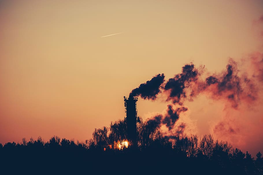 silueta, fumar, dorado, hora, fábrica, amanecer, sombras, chimenea, industrial, árboles