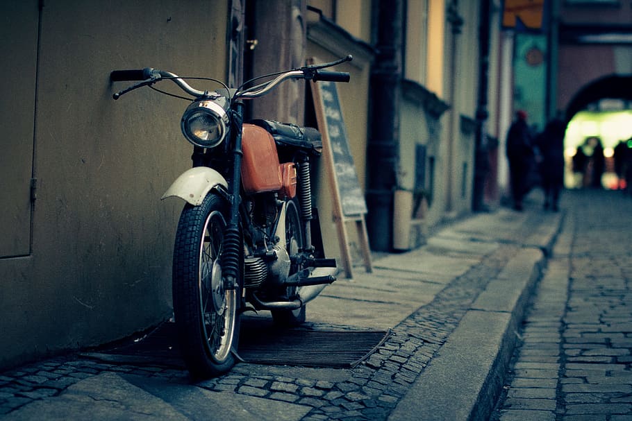 closeup, photography, red, black, standard, motorcycle, leaning, gray, concrete, wall