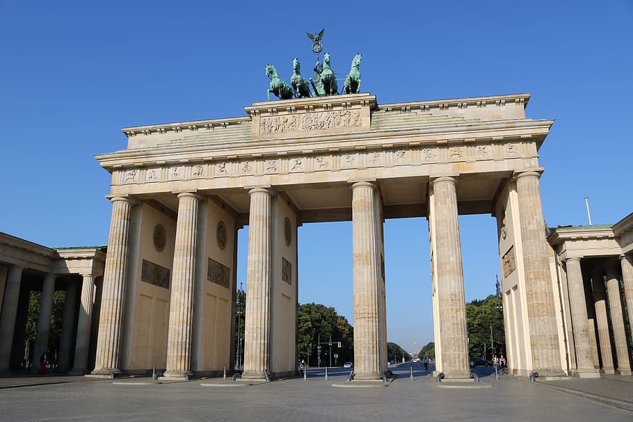 gerbang brandenburg, berlin, modal, tengara, quadriga, jerman, berbentuk kolom, Arsitektur, kolom arsitektur, struktur yang dibangun