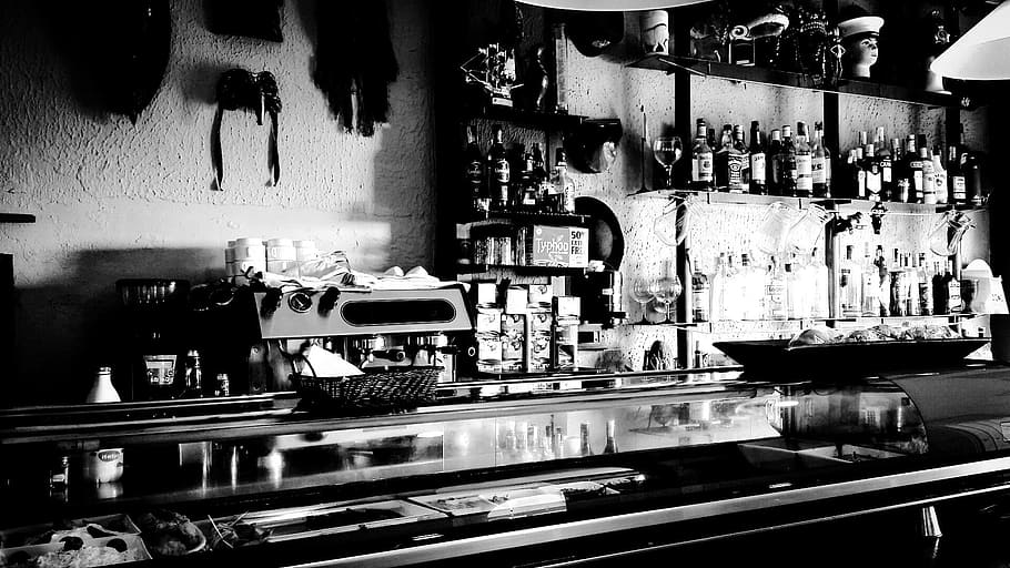 alcoholic, bottles, wall shelf, bar, restaurant, black and white, indoors, bar - drink establishment, shelf, container