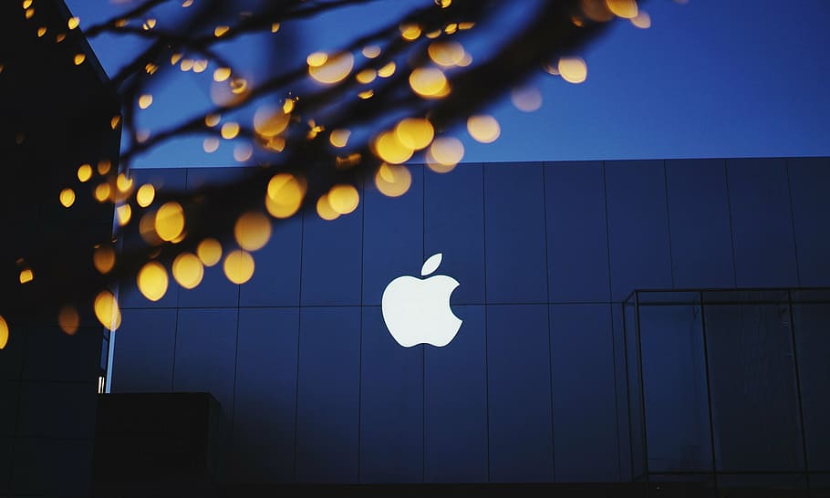 blanco, logotipo de la empresa Apple, manzana, bokeh, edificio, luces, logotipo, iluminado, noche, equipo de iluminación