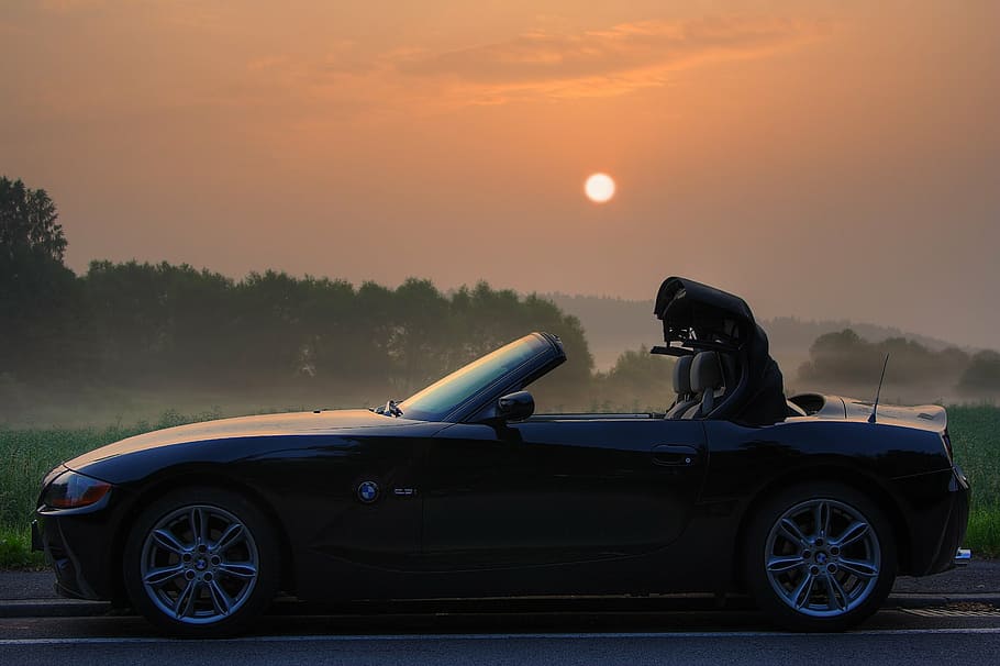 black, convertible, coupe, parked, road, bmw, z4, e85, roadster, sunrise