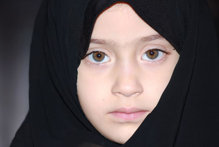 girl, black, hijab, little, face, cute, sad, portrait, children, one person
