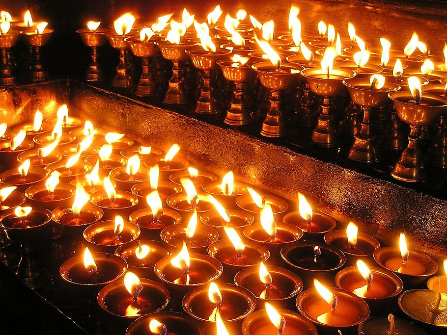 lighted votive candles, nepal, candles, prayer light, holy, pray, buddhism, candle, flame, spirituality