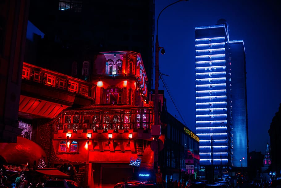 edificio, rojo, luces, durante el día, Moscú, noche, tarde, ciudad, ciudad de noche, luces de noche