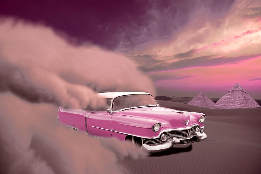 pink, chevrolet, bel, air, car, cadillac, desert, sand, sandstorm, pyramids