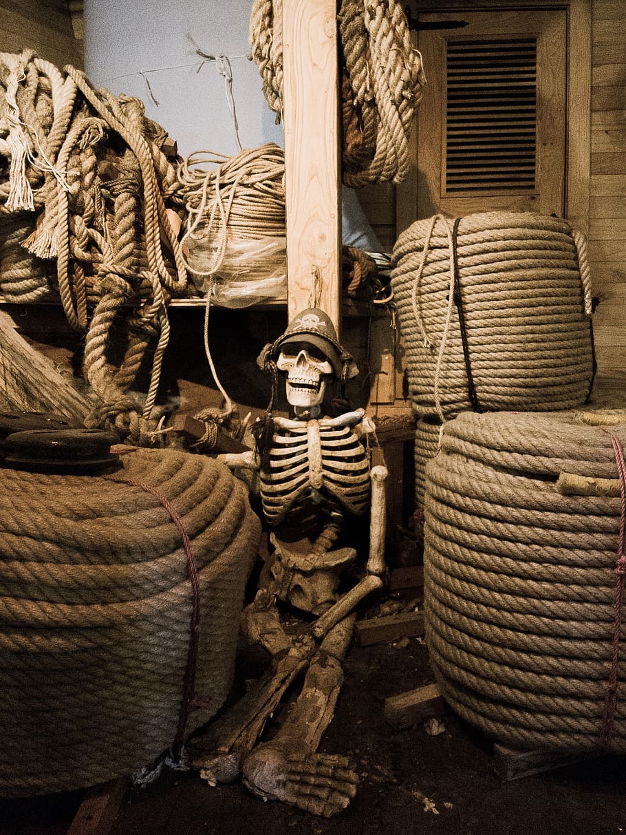 skeleton, skull, pirate, ship, interior space, rope, architecture, art and craft, representation, stack