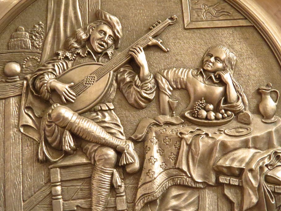 man, playing, mandolin, embossed, decor, relief, metal, wall plate, golden, iron
