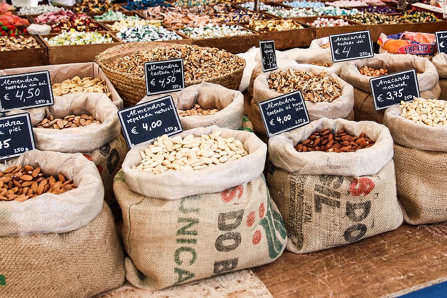 assorted-type seeds, market, nuts, sell, food, market stall, selection, buy, eat, bio