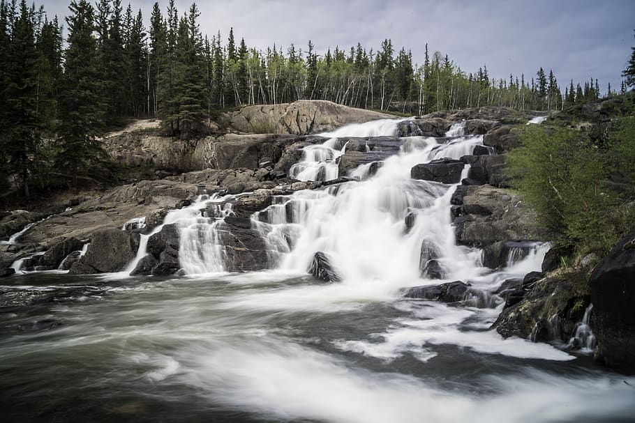 waterfall, river, stream, trees, nature, scenic, outdoors, canada, northwest territories, cascades