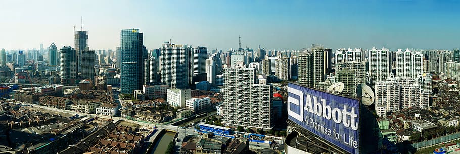 aerial, view, city, panorama, shanghai, big city, china, building, skyscraper, skyline