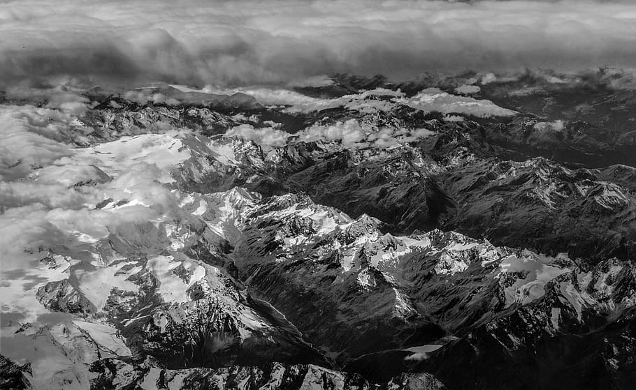 Greyscale Aerial Mountain Ranges Aerial View Cloud Front Alpine