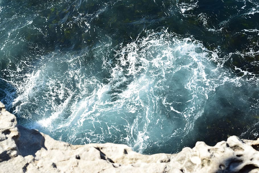 high, angle photo, cliff, body, water, waves, whitewater, rock, ocean, sea