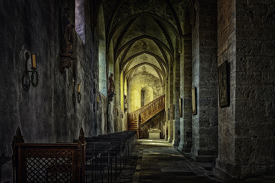 monastery, abbey, cloister, church, gang, dark, middle ages, architecture, religion, stone