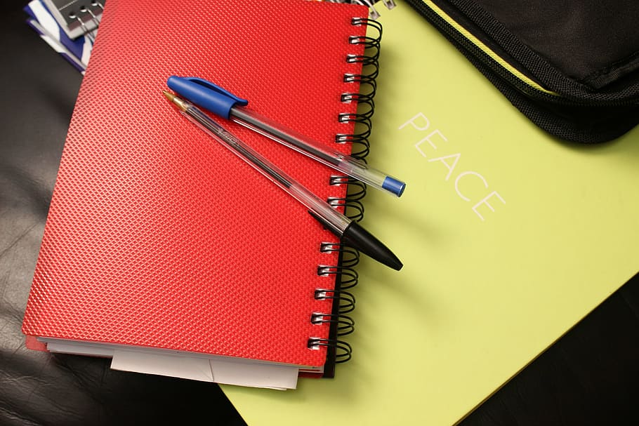 blue, black, ballpoint pens, top, red, notebook, school, binders, notepad, book