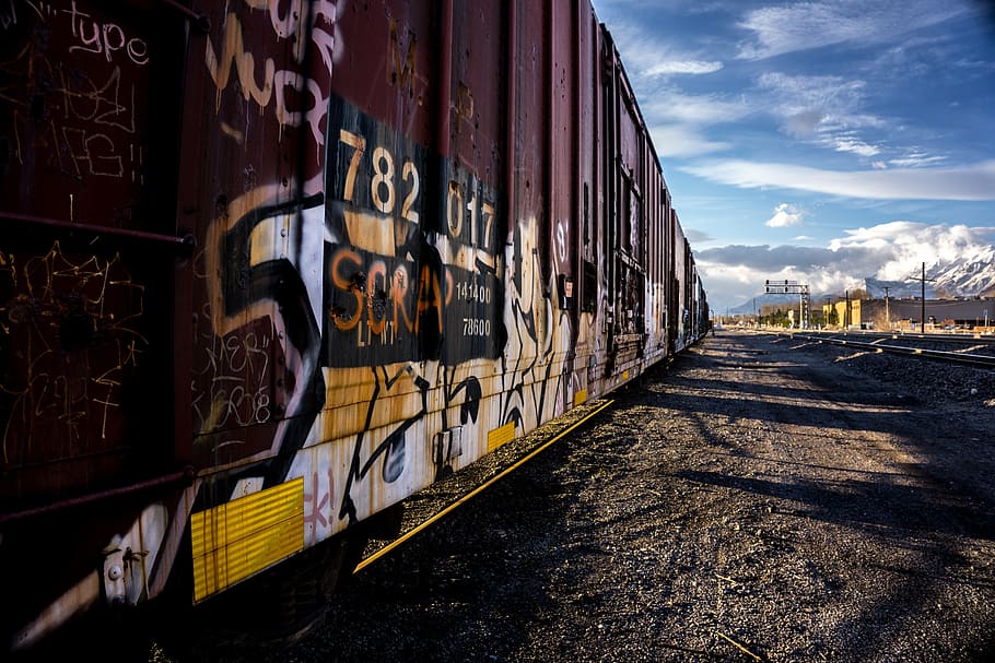 red, train, vandals, rail, blue, sky, wall, art, mural, painting