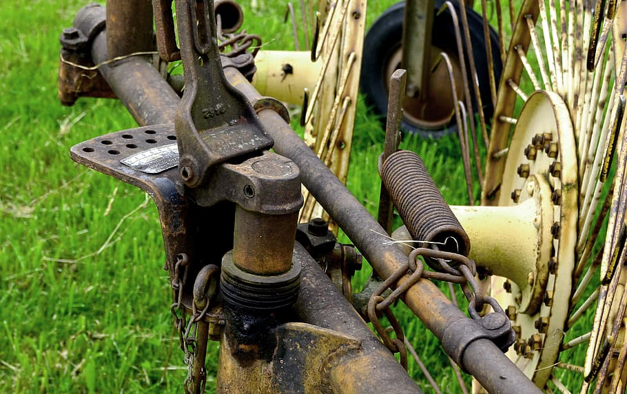 hay tedders, detail, Hay, Detail, hay tedders, agricultural machine, agriculture, technology, screw, fixing, rusty