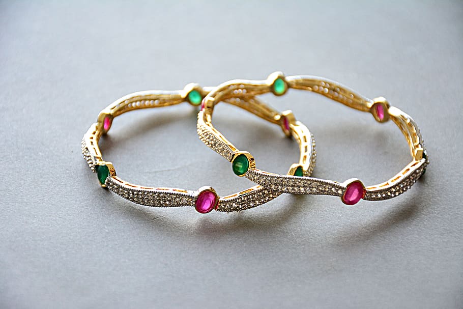pair, gold-colored, gemstones, studded, bracelets, jewellery, fashion, jewelry, accessories, bracelet