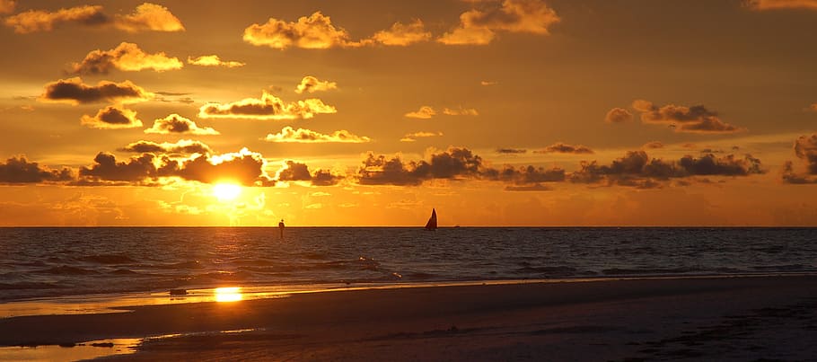 dawn on beach, sunset, siesta key, florida, sea, beach, coast, orange sky, clouds, evening