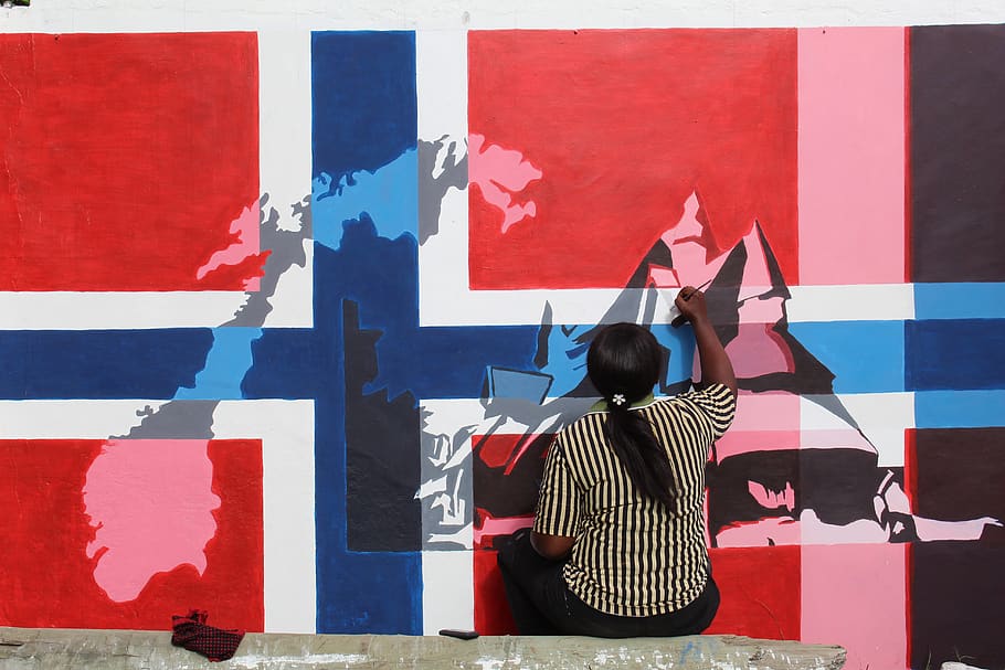norway, flag, map, painting, artist, travel, country, world, red, blue