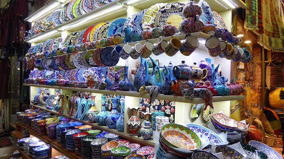istambul, grande bazar, lembranças, escolha, variação, grande grupo de objetos, para venda, varejo, abundância, arranjo