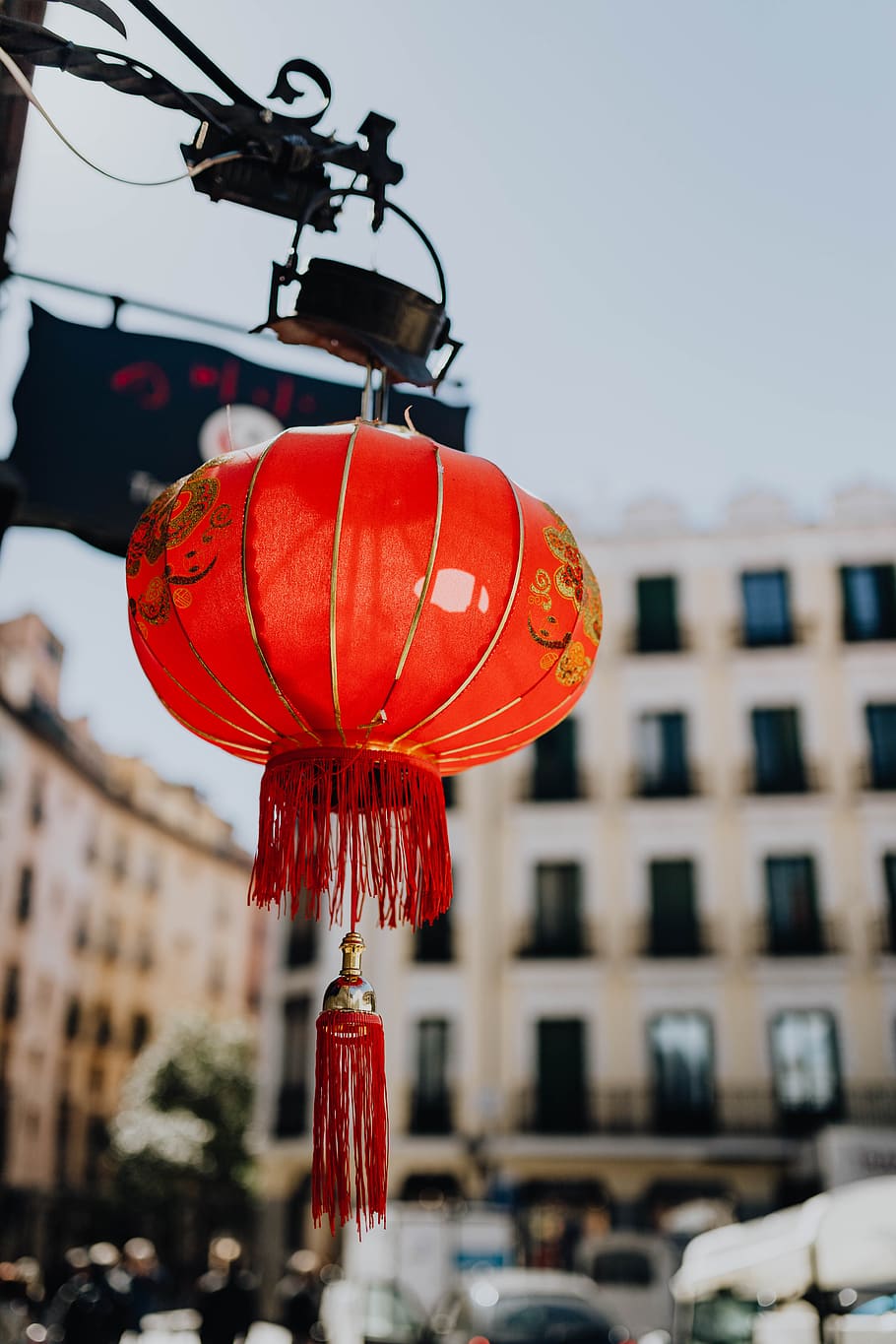 Cina, lampu, asia, lentera, tradisional, Merah, Madrid, Spanyol, eksterior bangunan, gantung