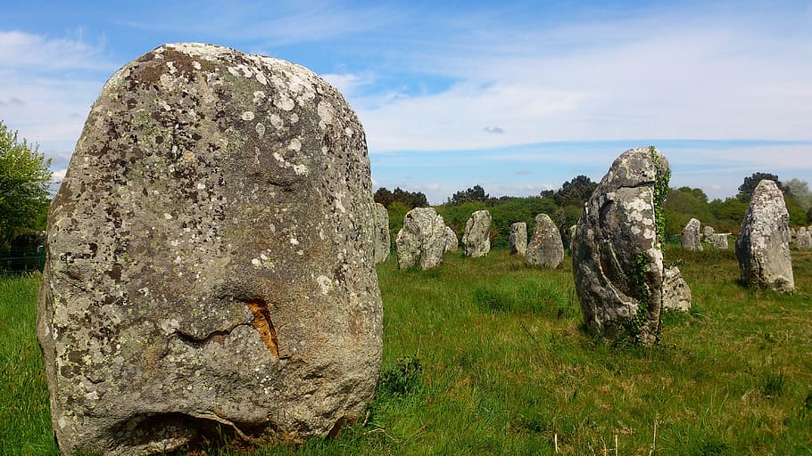 gray, rock, green, grass, Carnac Stones, Brittany, Megalith, megalithic, ancient, bretagne