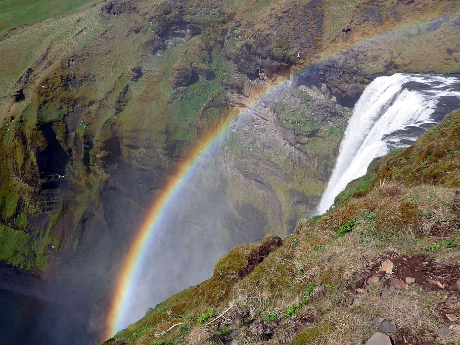Iceland, Waterfall, Rainbow, Skogafoss, scenics, nature, beauty in nature, mountain, scenics - nature, water
