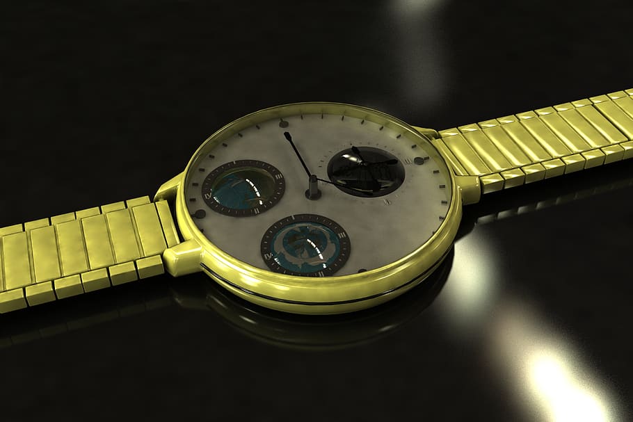 reloj, modelado 3d, brillante, ilustración, tiempo, adentro, primer plano, equipo, reloj de pulsera, naturaleza muerta