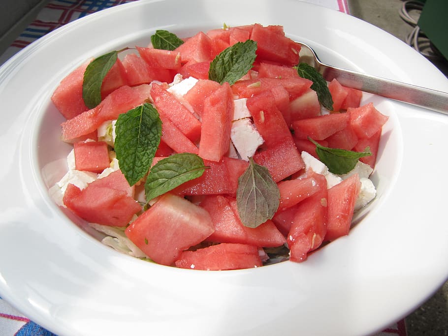 sliced, watermelon, ceramic, plate, melon, feta cheese, cheese, melon salad, salad, mint leaves