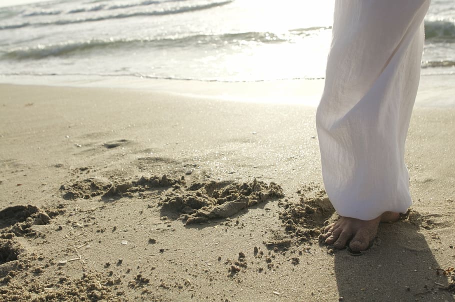 person, wearing, white, pants, standing, seashore, qi gong, taichi, chi, exercise