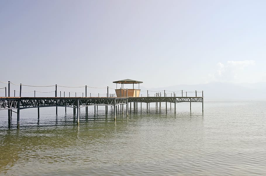 empty beach dock, wooden, dock, open, house, pier, pathway, bridge, cottage, sea