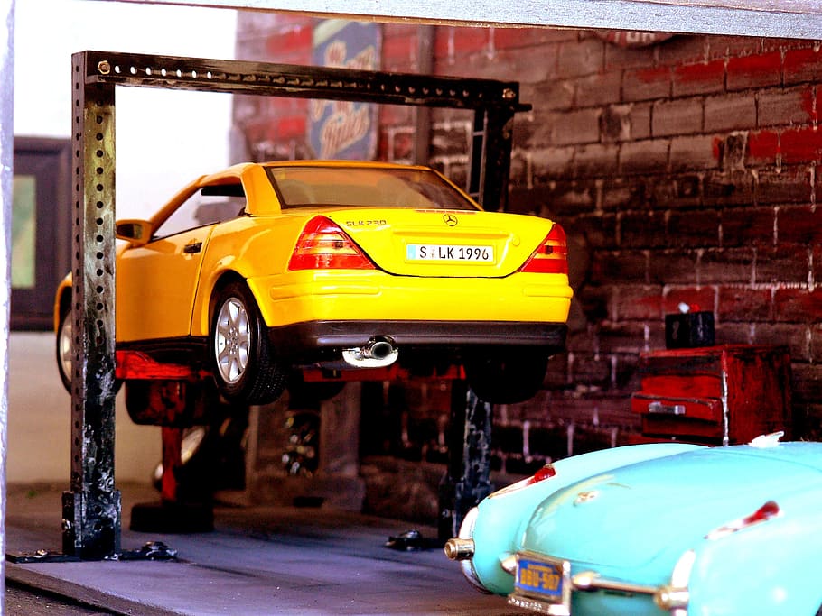 kuning, coupe, angkat, Mobil, Garasi, Auto, Kendaraan, Perbaikan, mekanik, layanan