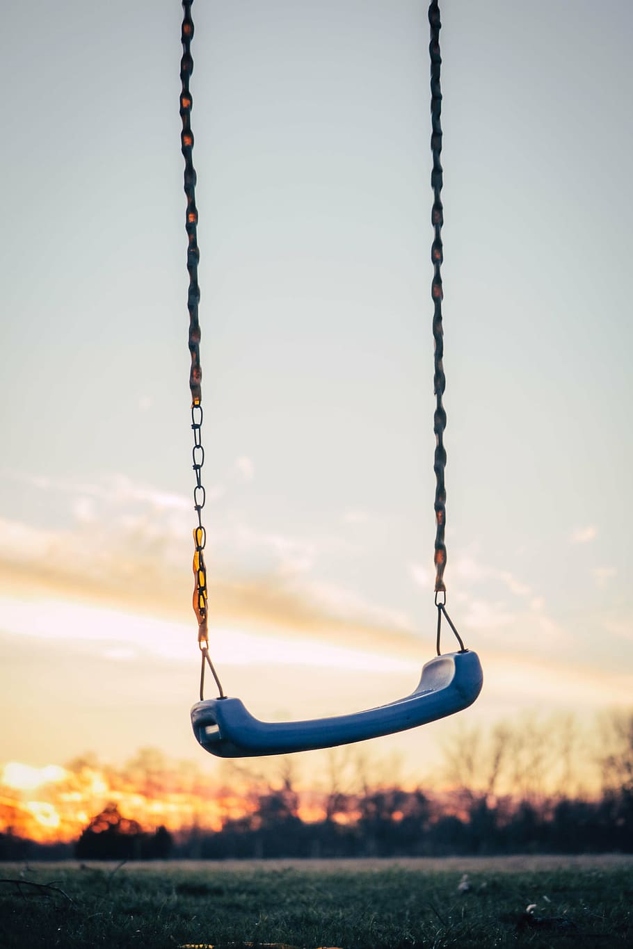 blue swing, playground, swing, sit, chain, sunset, clouds, sky, hanging, performance
