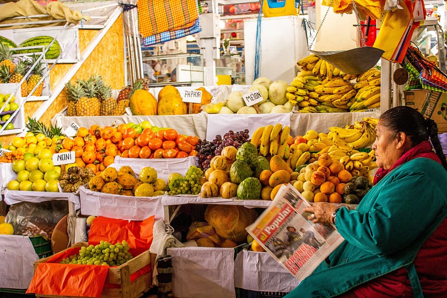 San Pedro, mercado, Cusco, Perú, fruta, arquitectura, típico, turismo, vendedor, plátano