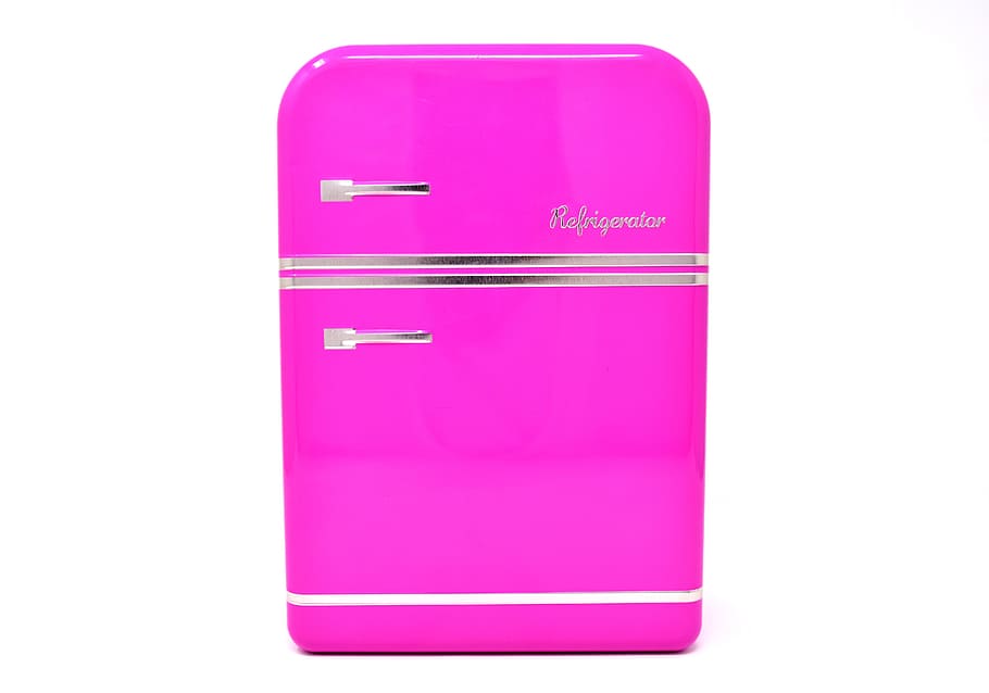 pink compact refrigerator, refrigerator, pink, box, storage, cookie jar, tin can, sheet, color, supplies
