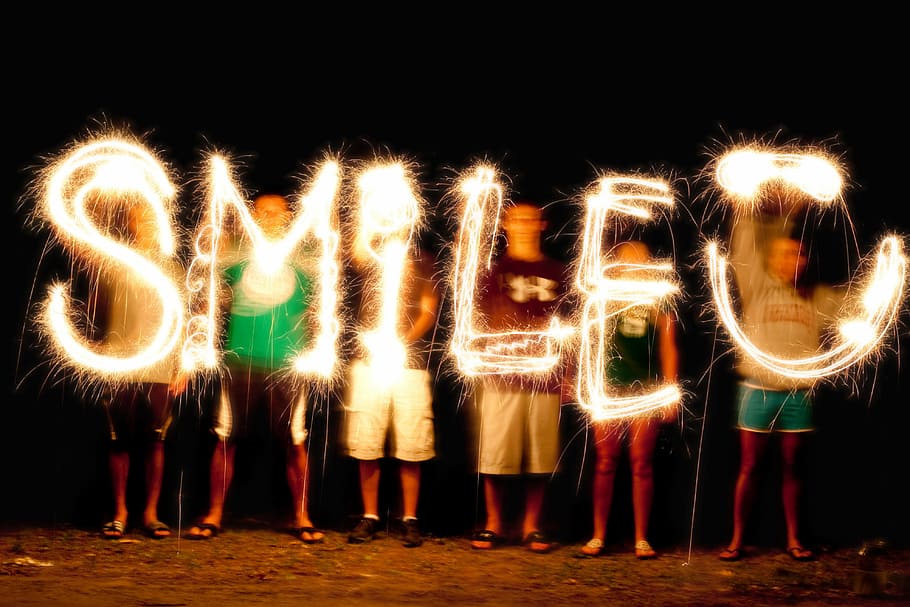 people, holding, yellow, led, light, forming, smile words, light painting, sparkler writing, fourth of july