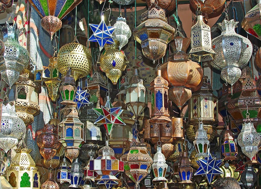 Marrakech, Market, Lamps, Luminaires, crafts, copper, bazaar, display, old lamp, lantern
