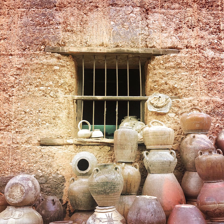 the adobe, clay, clay pots, in rural areas, window, granule, wall, warm colors, architecture, built structure