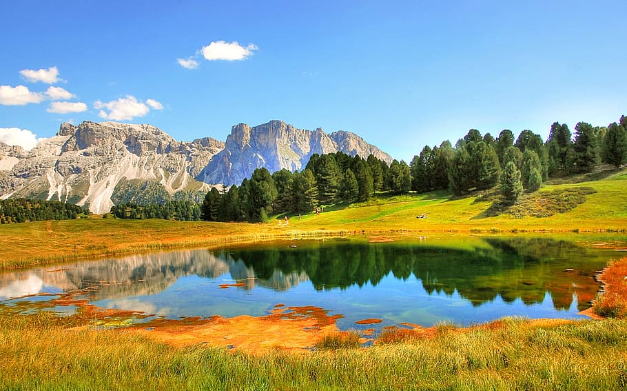 landscape photography, lake, surrounded, mountains, plants, dolomites, val gardena, nature, landscape, south tyrol