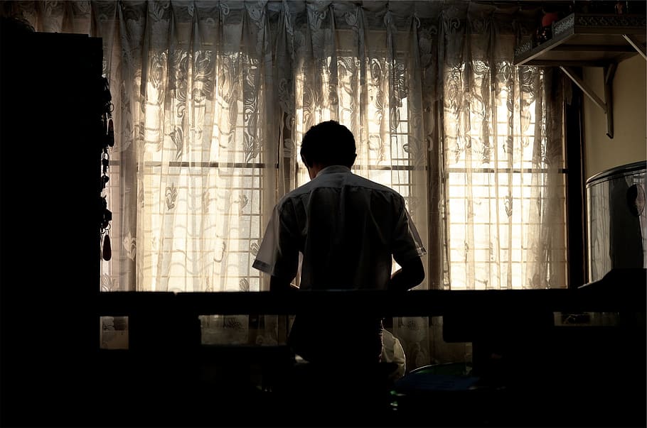 man facing window, guy, man, dark, room, curtains, drapes, people, curtain, real people