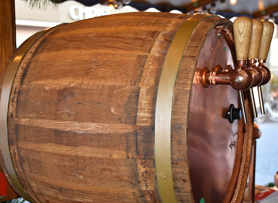 brown, beer barrel, beverage dispenser, wooden, surface, barrel, beverages, beer, wine, tap