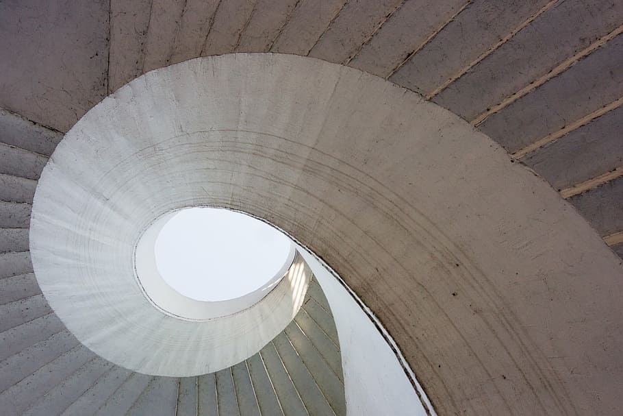 low-angle photography, spiral stair, stairs, architecture, secret, curve, round, detail of, mystery, snail