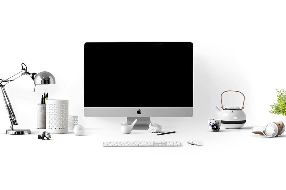 configuración de la computadora de escritorio de apple, blanco, fondo, maqueta de póster, maqueta, póster, marco, plantilla, interior, foto