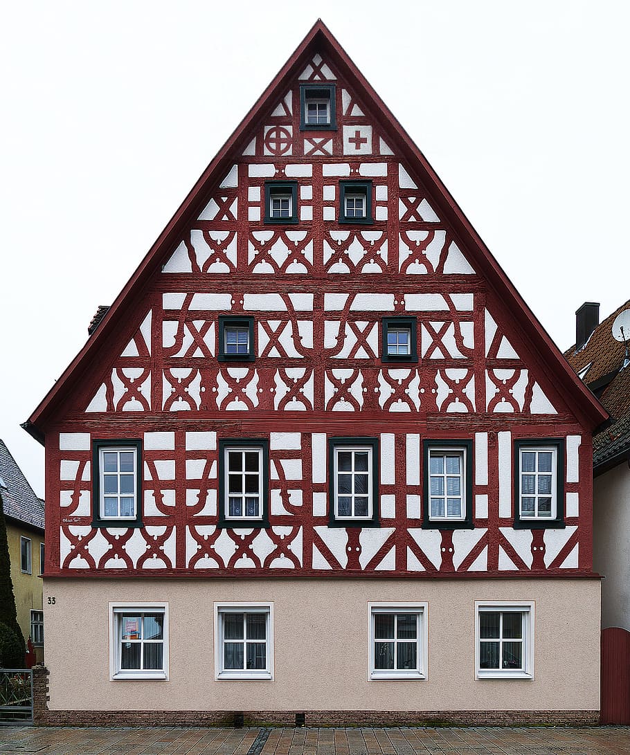 fachwerkhaus, fachada, renovado, casco antiguo, edificio, techo, ventana, braguero, piedra, franconia