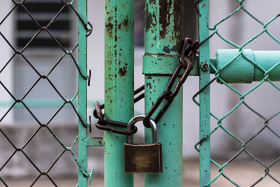 cerradura, portón, cadena, verde, alambre, seguro, oxidado, seguridad, metal, protección
