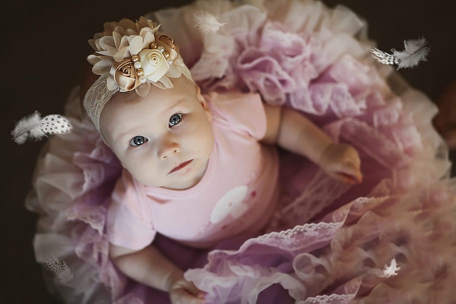 baby, pink, tutu dress, girl, ballerina, feathers, portrait, person, blue eyes, skirt