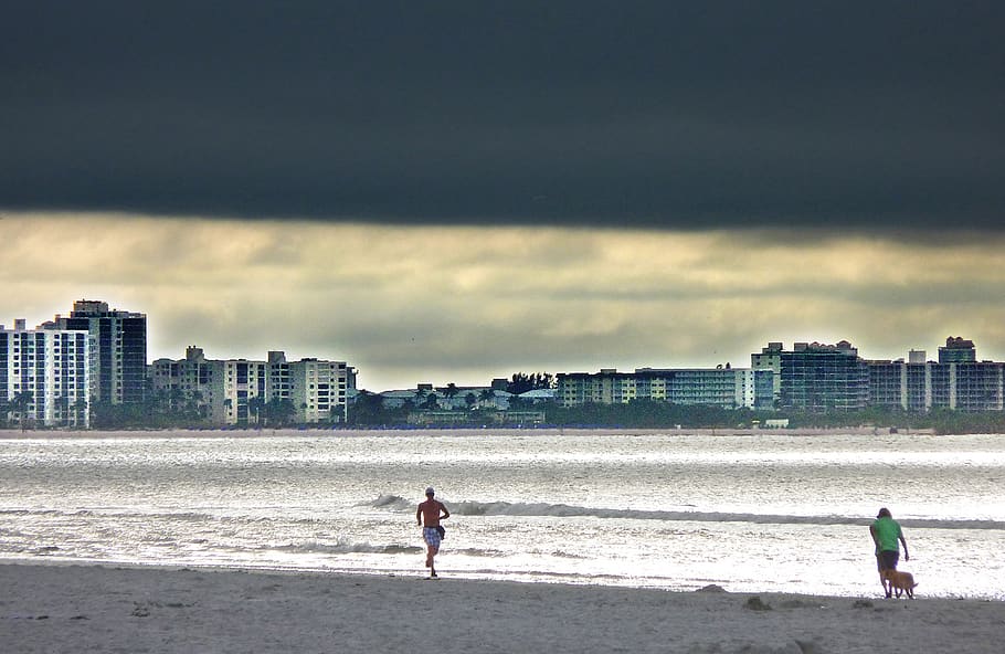 jogger, beach, storm, grey, florida, sea, runner, sand, ocean, jogging