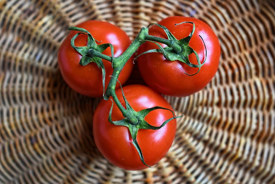 three, tomatoes, brown, wicker basket, tomato, vegetable, food, vitamins, healthy, meal