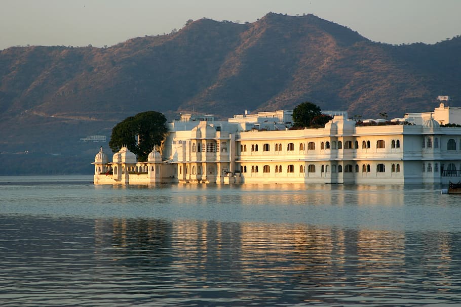 white, concrete, building, body, water, udaipur, india, rajasthan, lake, architecture